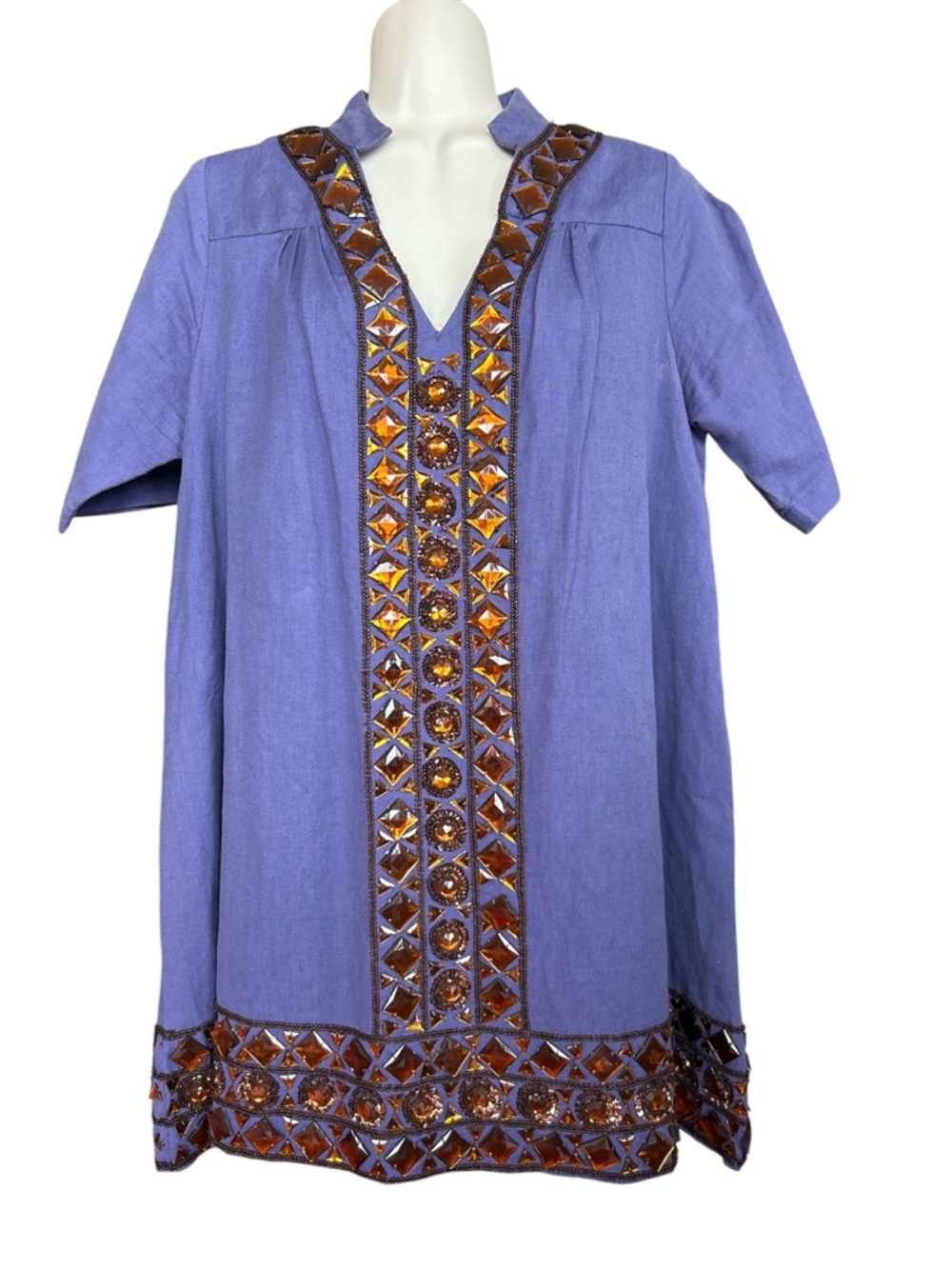 Vintage Antik Batik Embellished V-Neck Tunic Dress with Amber Mirror Accents